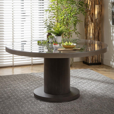 Quatropi Modern Round Glass Dining Room Table For 6 Pedestal Base Grey Oak 150cm