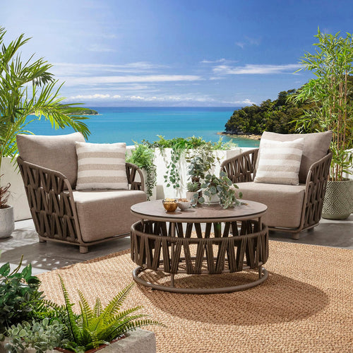 ZigZag 2 Seater Garden Armchair Set with Coffee Table Brown Rope
