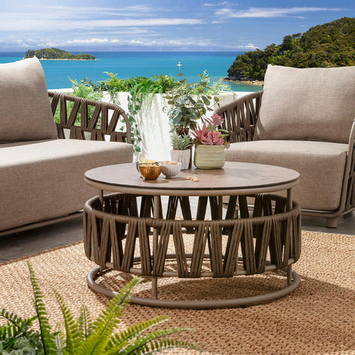ZigZag Round Outdoor Garden Coffee Table Brown Aluminium 85cm