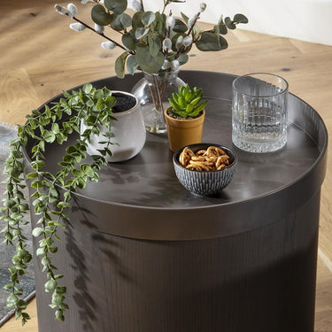 Quatropi Modern Round Side Table Bedside Sofa Accent Table Grey Oak Metal 45cm