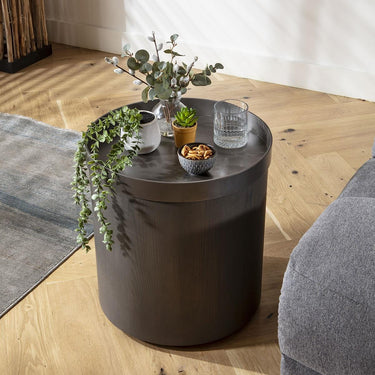 Quatropi Modern Round Side Table Bedside Sofa Accent Table Grey Oak Metal 45cm
