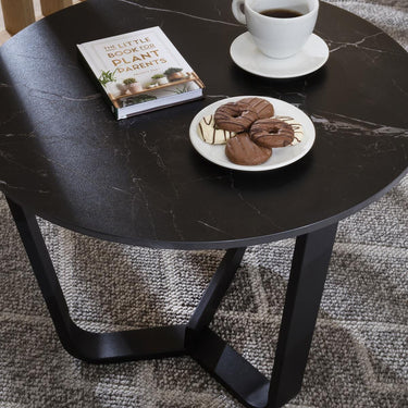 Quatropi Modern Round Side Table Marble Effect Ceramic Side End Table 90cm