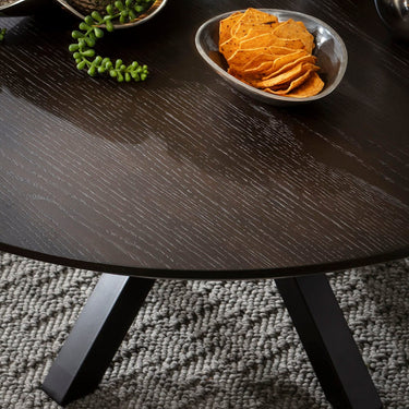 Quatropi Modern Round Wooden Coffee Table Dark Oak Wood Veneer 90cm