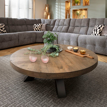 Quatropi Modern Round Wooden Coffee Table Dark Recliamed Oak 130cm