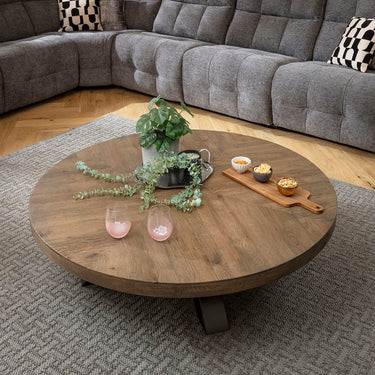 Quatropi Modern Round Wooden Coffee Table Dark Recliamed Oak 130cm