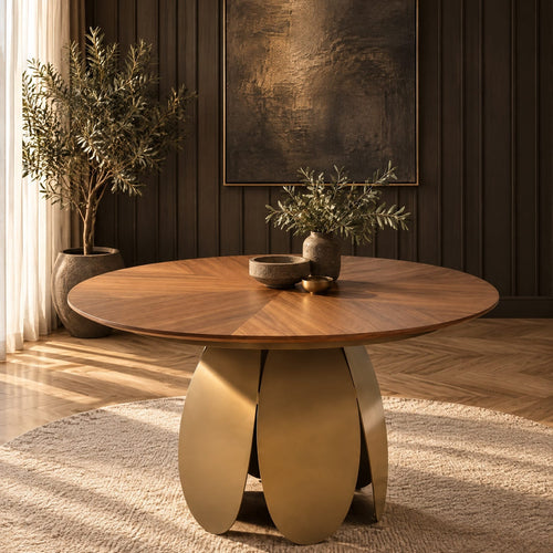 Quatropi Modern Round Wooden Kitchen Dining Room Table for 6 Seater Walnut & Gold 150cm