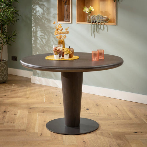 Quatropi Modern Round Wooden Kitchen Dining Room Table Grey Oak Wash 115cm