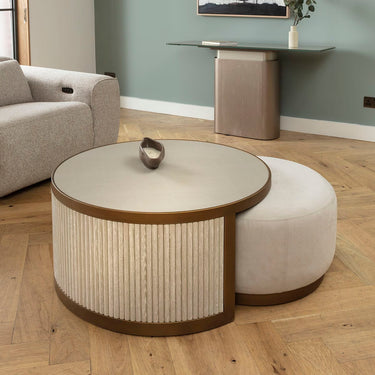 Quatropi Modern Shagreen Round Nesting Coffee Table & Footstool Set Cream 92cm