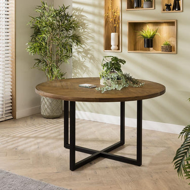 Quatropi Modern Solid 6 Seat Round Wooden Dining Table Parquet Herringbone 140cm