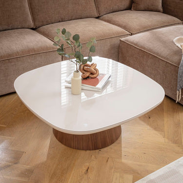 Quatropi Modern Square Glass Coffee Table Matte White Walnut 100cm