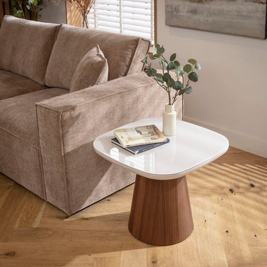 Quatropi Modern Square Glass Side Table Matte Chalk Walnut 60cm