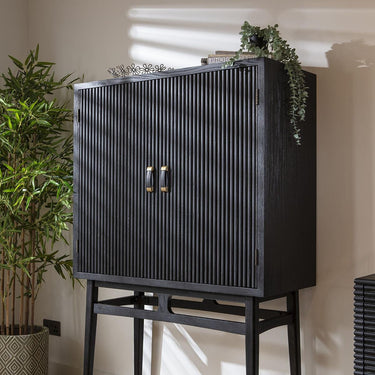 Quatropi Modern Tall Drinks Cabinet Unit Sideboard Fluted Black Oak 104x162cm