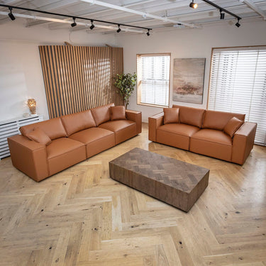 Quatropi Modern Tan Leather 2 Seater and 3 Seater Sofa Settee Couch Set
