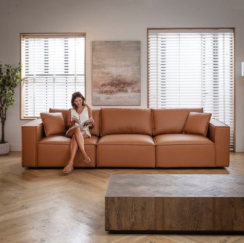 Rupert Leather Modern 3 Seater Sofa Tuscan Tan 309x98cm 1
