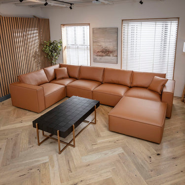 Quatropi Modern Tan Leather Corner Sofa 5 Seater Modular Settee 374x208cm