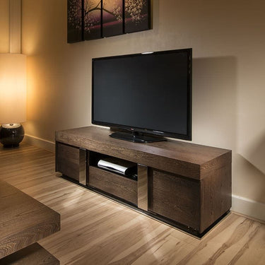 Quatropi Modern TV Stand / Cabinet / Unit Large 1.6 mtr Elm Wood & Stainless
