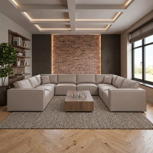 Rupert Leather 8 Seater U-Shape Corner Sofa Mushroom Beige 374x297cm 11
