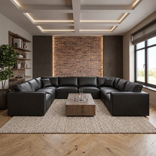 Rupert Leather 8 Seater U-Shape Corner Sofa Carbon Black 374x297cm 11