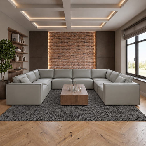 Rupert Leather 8 Seater U-Shape Corner Sofa Elephant Grey 374x297cm 11