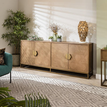 Quatropi Modern Wood 4 Door Sideboard Console Buffet Oak & Gold Metal Brown 214cm