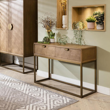 Quatropi Modern Wood Console Entrance Hallway Table Oak & Gold Metal Brown 108cm
