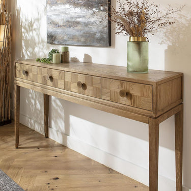 Quatropi Modern Wooden Hallway Console Table with Drawers Oak Brass 160cm x 40cm