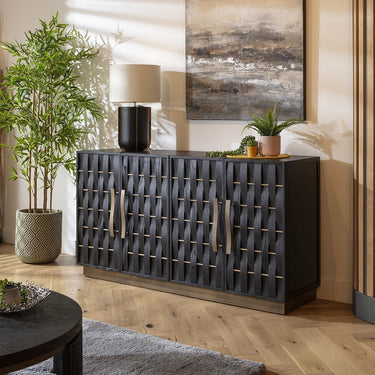Quatropi Modern Woven Mid Century Black Oak Sideboard Buffet Cabinet 160cm