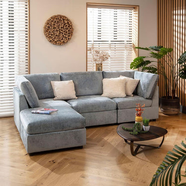 Quatropi Modular 3 Seater Modern Sofa Chaise Couch Footstool Blue Fabric