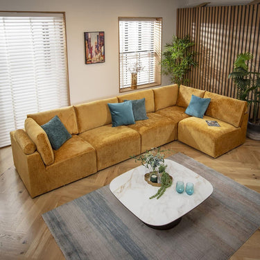 Quatropi Modular Corner Sofa 6 Seater Modern L Shape Couch Set Mustard Fabric
