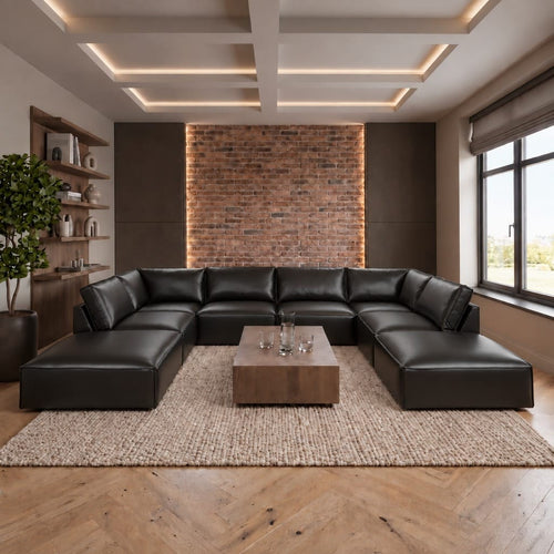 Rupert Leather 6 Seater Modular U-Shape Cinema Sofa Carbon Black 374x285cm 10