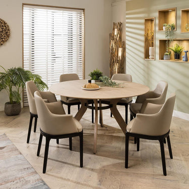 Quatropi Natural Round Wooden Dining Table And 6 Beige Leather Modern Chair Set
