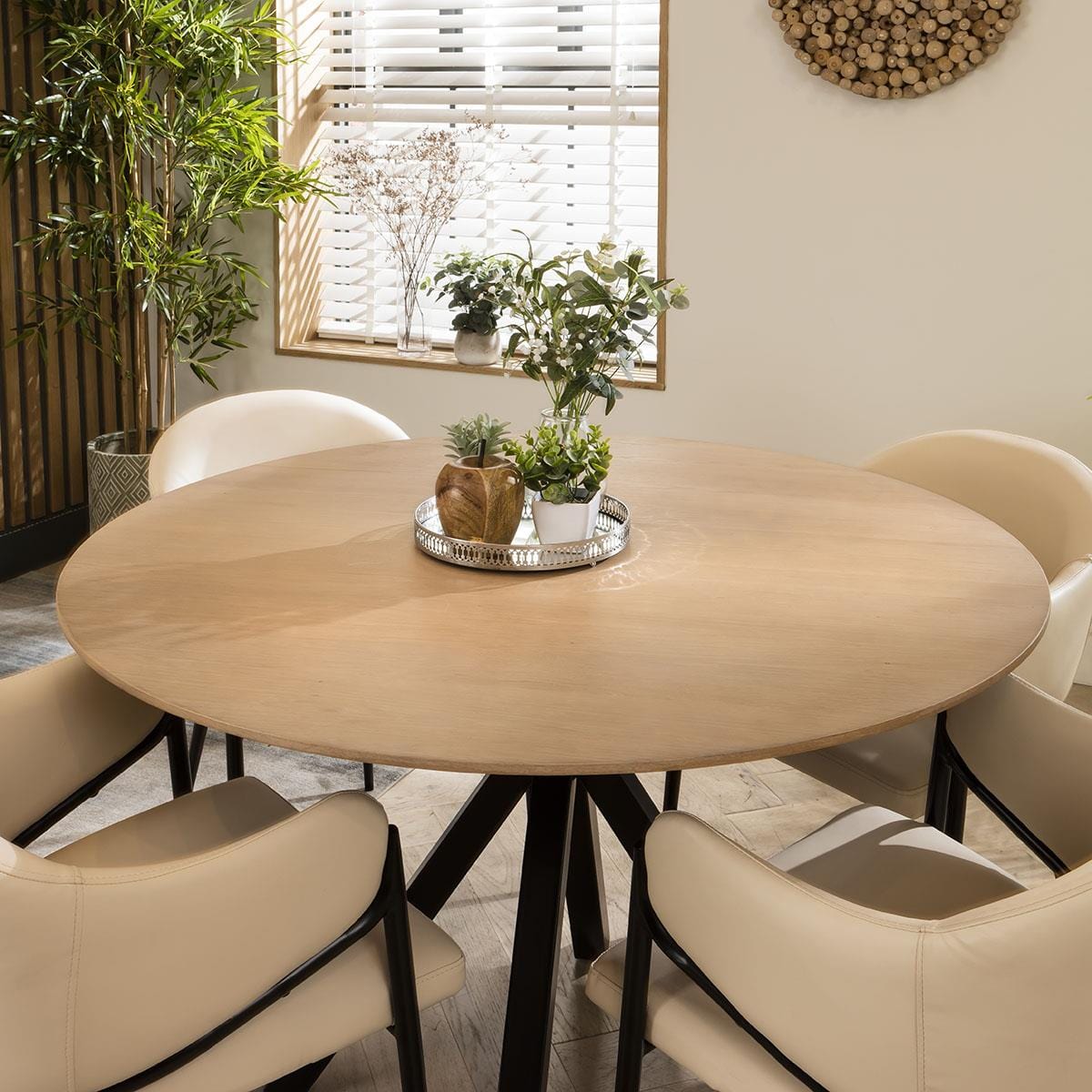 Natural Solid Round Wooden Dining Table And Chairs Set Cream