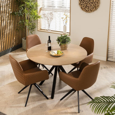 Quatropi Natural Solid Round Wooden Dining Table And 4 Chairs Set Tan 120cm