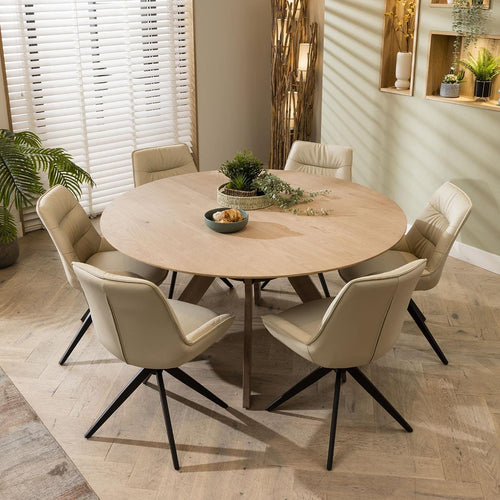 Nora 6 Seater Natural Round Solid Wooden Dining Set Cream Return Swivel Chairs