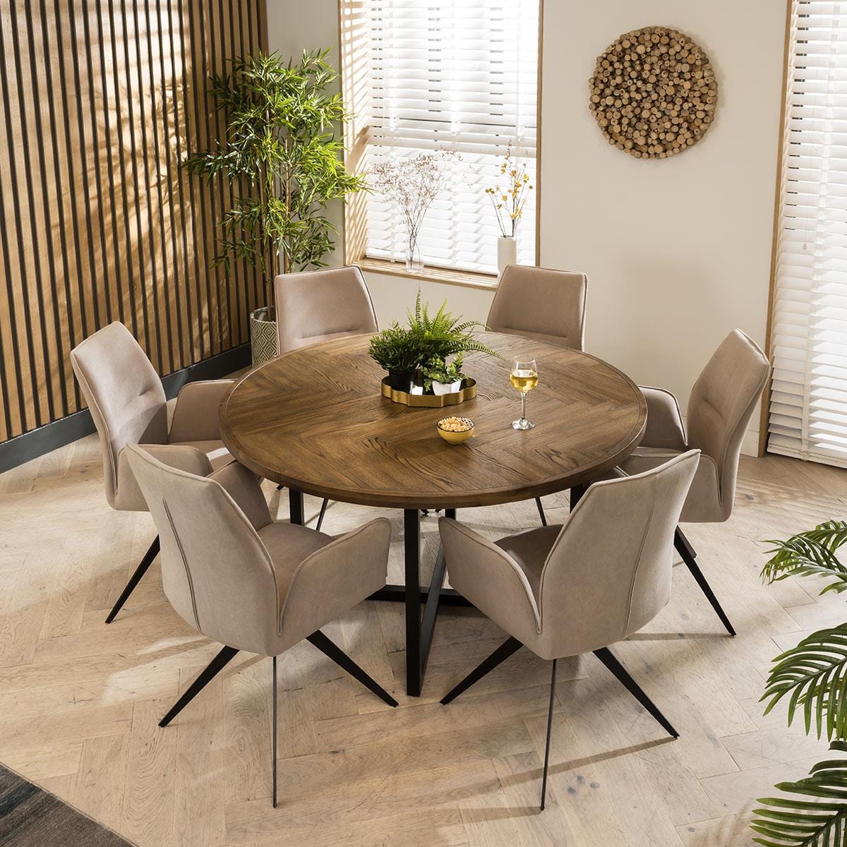 Modern 6 Seater Round Solid Wood Herringbone Dining Set Mink Velvet ...