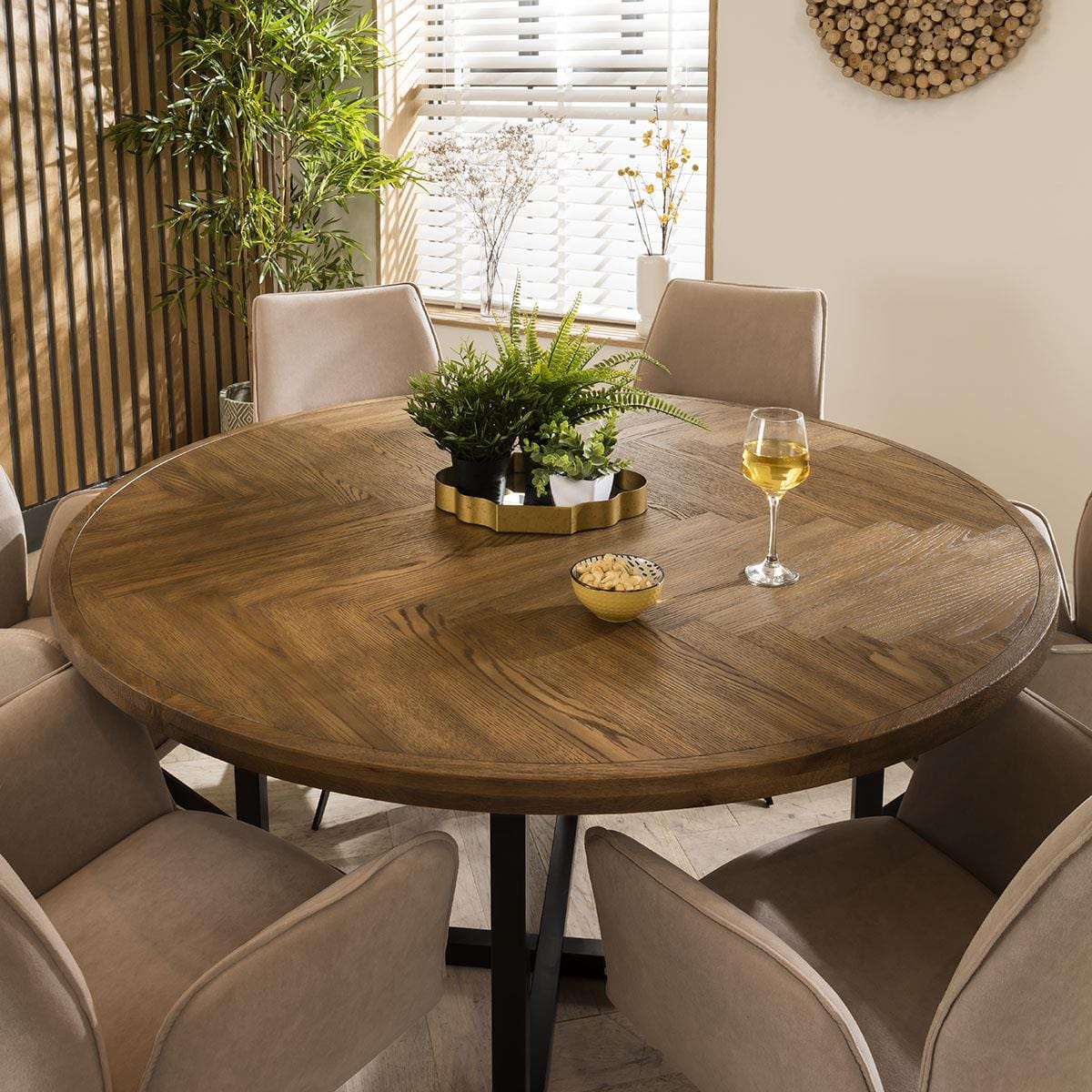 Modern 6 Seater Round Solid Wood Herringbone Dining Set Mink Velvet ...
