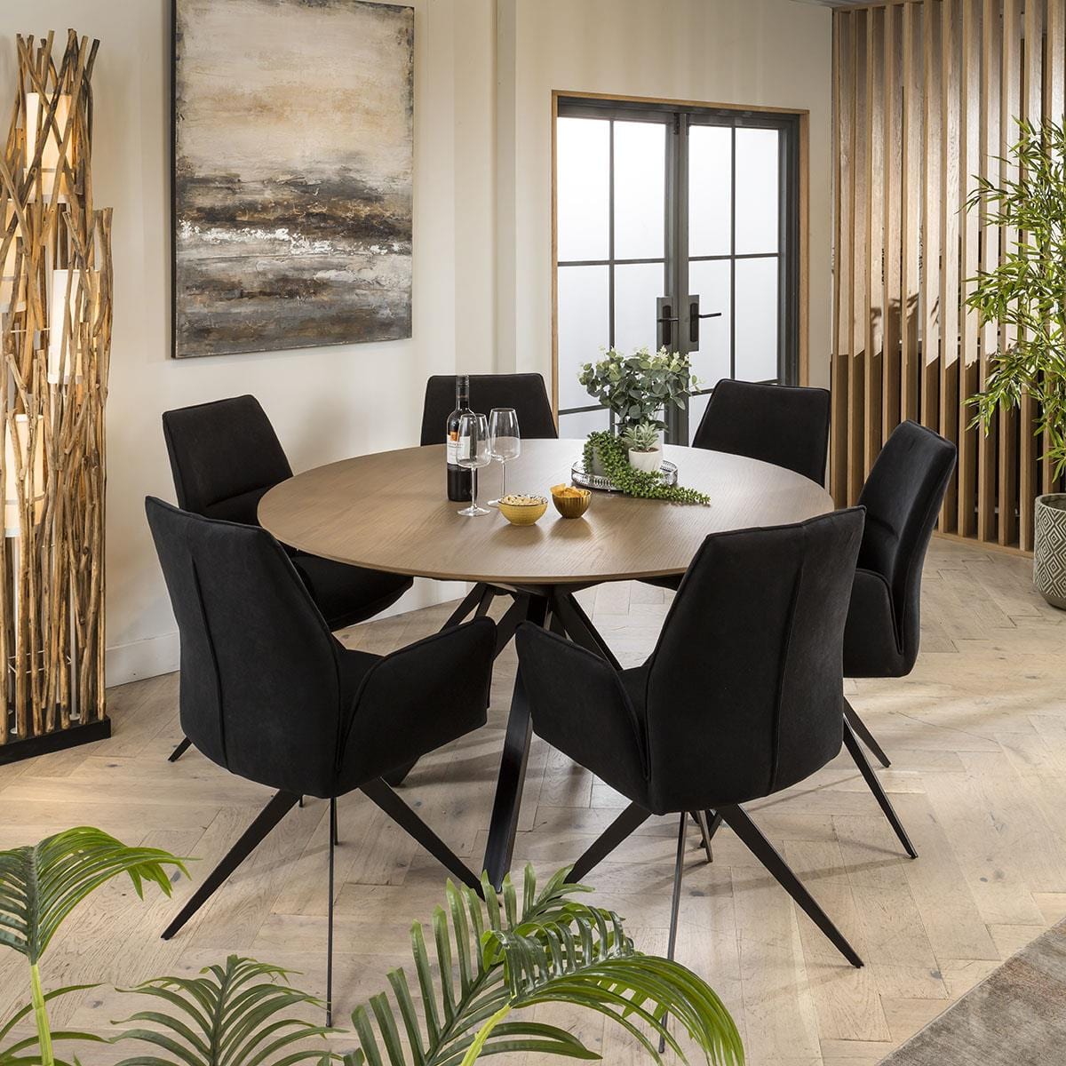 Quatropi Nova Stained Solid Round Wooden 6 Seater Dining Set Black