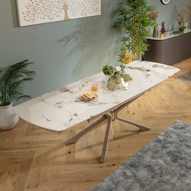 Quatropi Olive 10 Seater Ceramic Marble Extendable Dining Table White & Beige 160-240cm