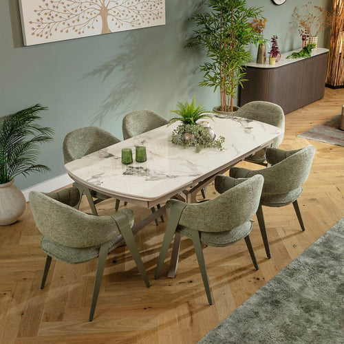Freya & Olive 6 Seater Extendable Dining Set Green & White Ceramic