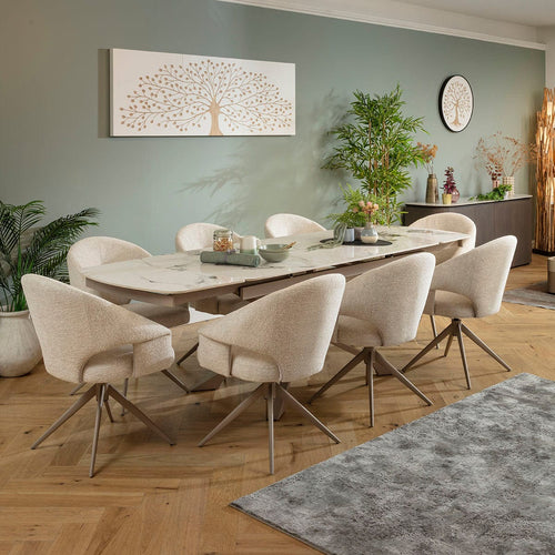 Willow & Olive Large 8 Seater Extendable Ceramic Dining Set Cream & White Return Swivel Chairs