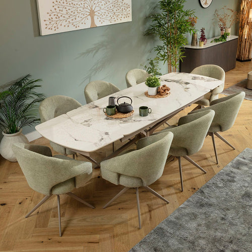 Willow & Olive Large 8 Seater Extendable Ceramic Dining Set Green & White Return Swivel Chairs