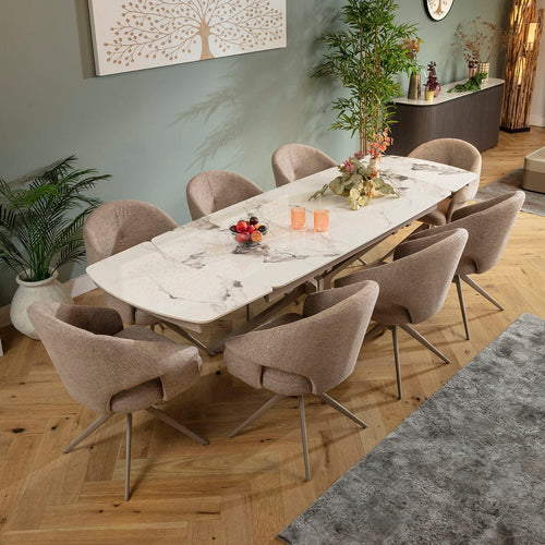 Willow & Olive Large 8 Seater Extendable Ceramic Dining Set Beige & White Return Swivel Chairs