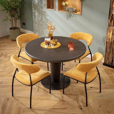 Quatropi Oscar & Pluto Contemporary 4 Seater Round Dining Set Yellow Gold & Grey Oak Wash