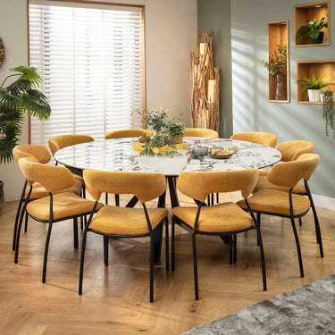 Quatropi Oscar & Rudie 10 Seater Round Extendable Dining Set Yellow Gold & Black-Veined White Ceramic