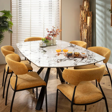 Quatropi Oscar & Rudie 6 Seater Round Extendable Dining Set Yellow Gold & Black-Veined White Ceramic