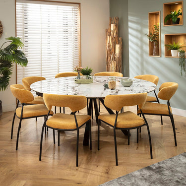Quatropi Oscar & Rudie 8 Seater Round Extendable Dining Set Yellow Gold & Black-Veined White Ceramic