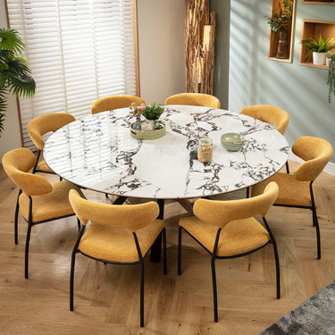 Quatropi Oscar & Rudie 8 Seater Round Extendable Dining Set Yellow Gold & Black-Veined White Ceramic