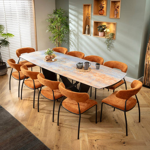 Oscar & Zelda 10 Seater Extendable Dining Set Burnt Orange & Rustic Blue Ceramic