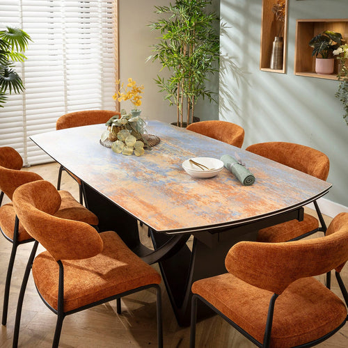 Oscar & Zelda 6 Seater Extendable Dining Set Burnt Orange & Rustic Blue Ceramic