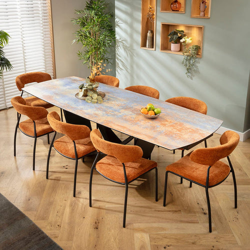 Oscar & Zelda 8 Seater Extendable Dining Set Burnt Orange & Rustic Blue Ceramic
